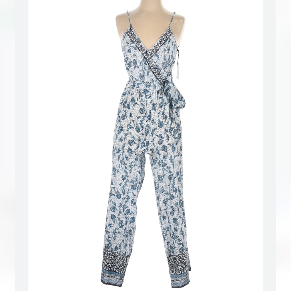 Blue Floral Print Wrap Jumpsuit